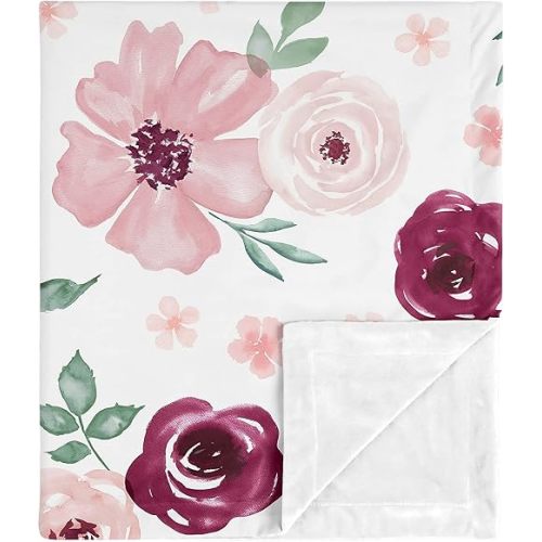Sweet Jojo Designs Burgundy and Pink Watercolor Floral Baby Girl Blanket Receiving Security Swaddle Newborn Toddler Nursery Soft Minky - Blush Maroon Wine Rose Green White Shabby Chic Flower Farmhouse