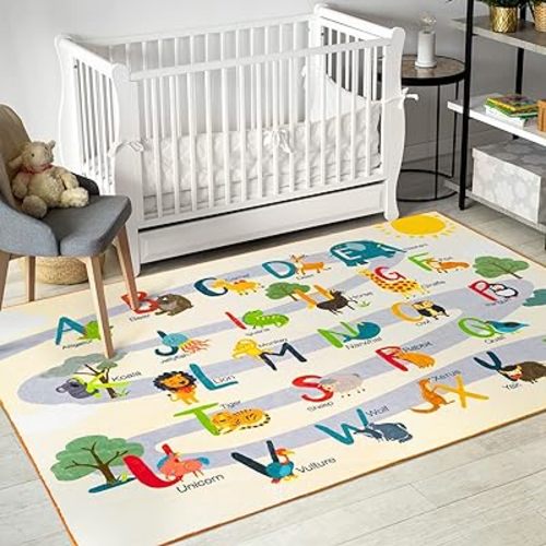 Ashler Kids Rug, Alphabet and Animals Carpet for Playroom, 5x2.6 Feet, Children's Educational Play Mat ABC Rugs for Toddlers, Play Rug for Baby Bedroom, Non-Slip Area Rugs for Kid Bedroom, Yellow