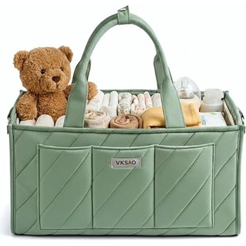 Baby Essentials Diaper Caddy Organizer – Portable Storage Basket with Shoulder Strap & Stroller Hooks, Water-Resistant Quilted Nursery & Car Tote, Gender Neutral Giftsfor Baby Shower, Sage Green