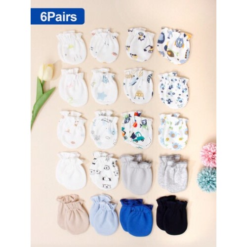 6 Pairs Newborn Baby Cute Animal Printed Mittens, Assorted Colors,Scratch Prevention, Suitable For All Seasons, Baby Care Supplies