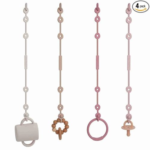 Toy Safety Straps,Silicone Pacifier Clips, Adjustable Stretchable Sippy Cup Straps for Strollers, High Chair, Cribs, Hanging Baskets, Car Seat, Shopping Trolley, 4 Pack, BPA Free