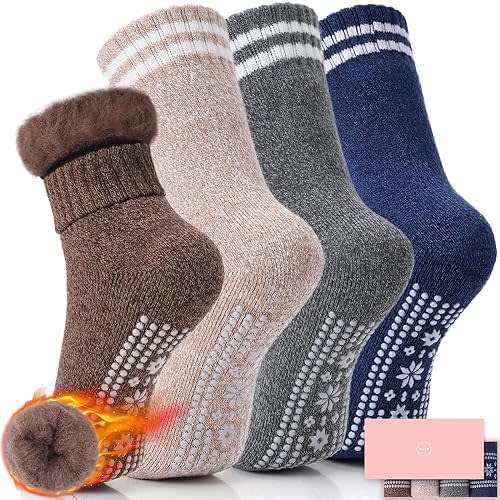 HUGSWEET Thermal Slipper Socks, Anti Slip Hospital Socks Women Winter Soft Warm Cozy Fluffy Plush Grip Socks 4 Pairs