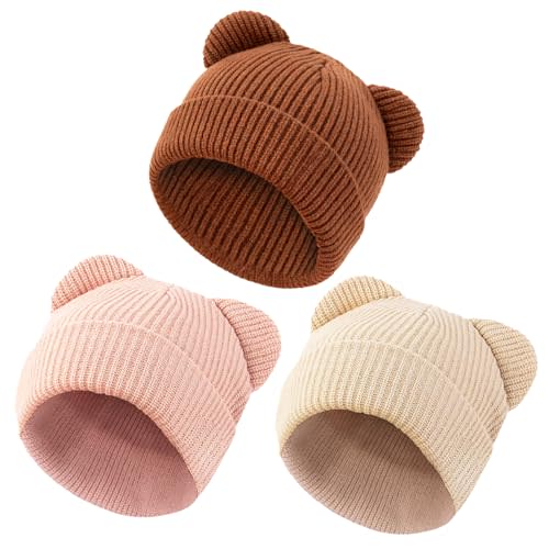 Baby Beanie Cute Toddler Winter Hat 3 Pack Soft Double Layers Knit Warm Cap for Infant Girls Boys Kids 0-8 Years