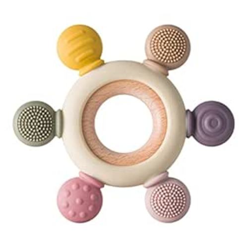 Baby Teething Toys Silicone Teethers BPA Free Silicone Rudder with Wooden Ring Soothe Babies Gums (Khaki)