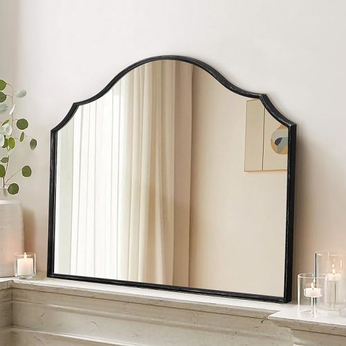 Besdomus Scalloped Arched Mirror for Vanity: 32"x24" Black Modern Wooden Wall Mirror - Minimalist Mantel Mirrors for Bedroom/Entryway/Bathroom/Hallway - Home Decor for Small Apartment