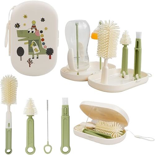 7-in-1 Baby Bottle Brush Set, Silicone Bottle Cleaner Kit with Nipple & Straw Brush, Soap Dispenser, Drying Rack & Travel Storage Case, Baby Bottle Cleaning Essentials (Green-Crocodile