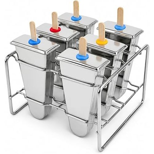 Stainless Steel Popsicle Molds, Set of 6 Ice Cream Maker, Ice Pop Molds With Holder, Metal Reusable Homemade Popsicle Molds with Sticks and Bags (Triangle Cup, No Slot)