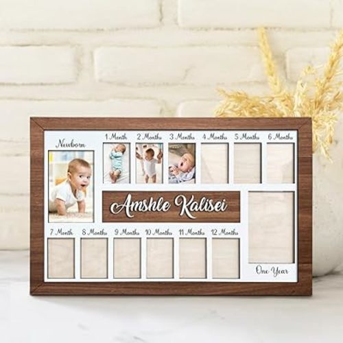 Custom Baby Picture Frame with Name My First Year Photo Display Wood Board Personalized 12 Months Newborn Photo Frame for Boy Girl Baby Birthday Nursery Decorations