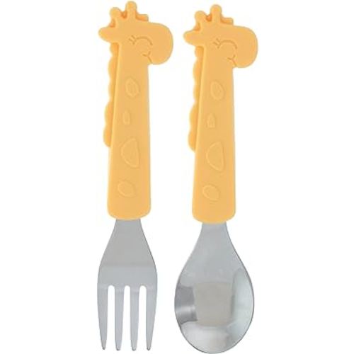 Nuby Animal Friends Silicone and Stainless Steel Fork and Spoon Set - 12+ Months - Yellow Giraffe