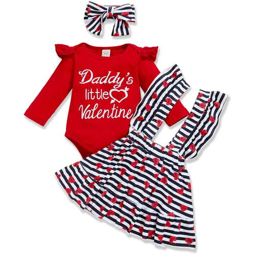 Babibeauty Baby Girl Valentine's Day Outfits Infant Ruffle Long Sleeve T-Shirt+Striped Print Suspender Skirt+Headband 3pcs Set (12-18M)