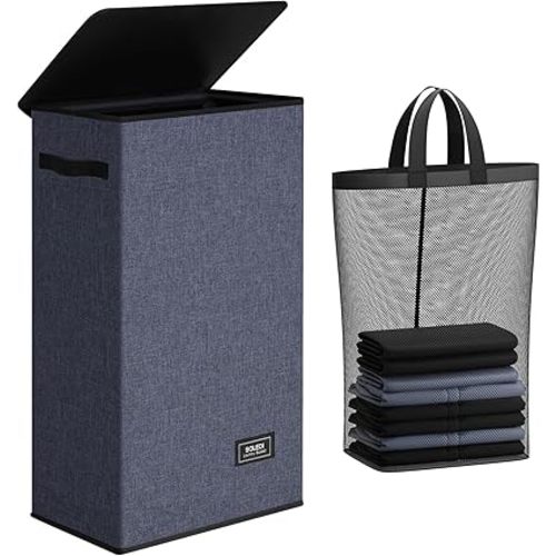 SOLEDI Slim Laundry Hamper with Lid, Narrow Laundry Basket with Removable Bags, Dirty Clothes Hamper with handle, Small Hamper perfect for Laundry room, Bathroom, Bedroom, Small spaces. 70L Navy Blue