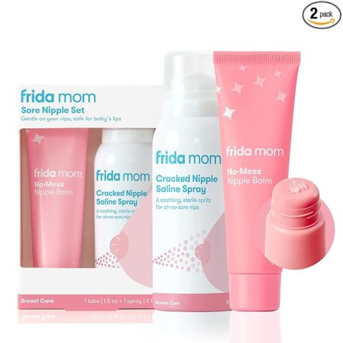 Frida Mom Nipple Cream and Saline Spray Set, Breastfeeding Essentials for New Moms, Cracked Nipple Saline Spray and No-Mess Cream, 2pc Set