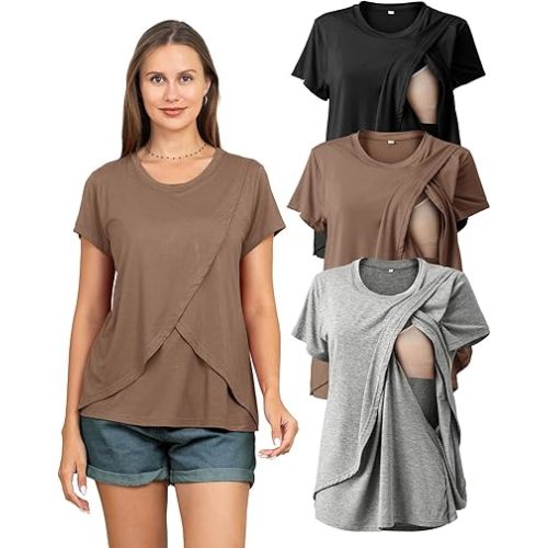 Rnxrbb 3 Pack Women's Nursing Tops for Breastfeeding Summer Short Sleeve T Shirts Postpartum Double Layer Clothes