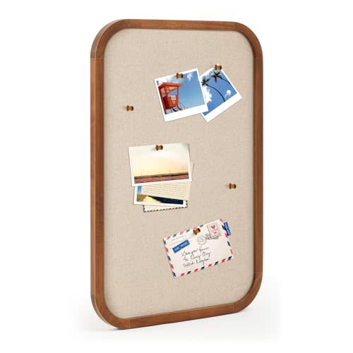 Wonderjune Vintage Framed PinBoard Linen Display Bulletin Board Large Cork Fabric Picture Photo Memo Pinboard Fancy Ornate Decorative Vision Board for Wall(Rectangle,14''x24'',Light Brown)
