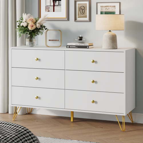 YouTrend 6 Drawer White Dresser,Adult Chest of Drawers with Golden Handles & Legs for Bedroom,Living Room,Hallway