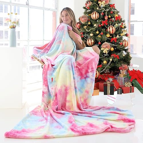 Ailemei Direct Rainbow Tie Dye Throw Blanket for Girls, Soft Cute Funny Decorative Throw, Fuzzy Pastel Plush Blankets for Teen Girl Adults Kid's Gift