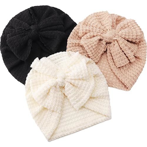 DRESHOW BQUBO 3 Pieces Newborn Baby Turban Hats Bow Baby Infant Beanie Breathable Toddler Cap for Baby Girls