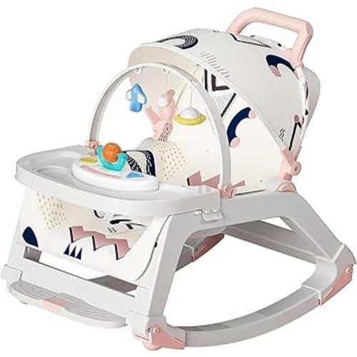 5-1 Baby Bouncer Ifant Seat,Baby Bouncer and Push Walker Cambo,Ifant to Toddler Adjustable Bouncer Chair,Portable Rocker Chair with Wheels,Toy Snack Tray and Canopy for Outdoor,0-36 Months