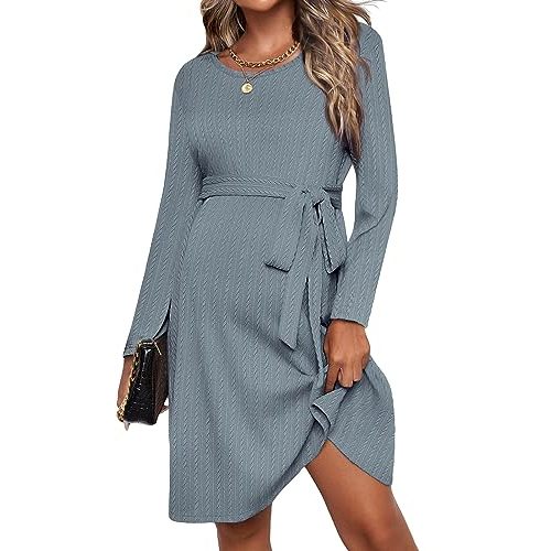 Ekouaer Womens Maternity Dress Rib Knit Long Sleeve Pregnancy Dresses Crewneck Pregnant Clothes with Belt
