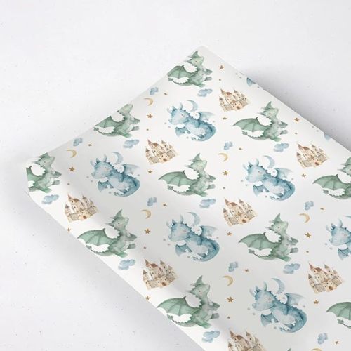 Cute Watercolor Dragon Castle Pattern Baby Changing Pad Cover, Unisex Dragon Moon Star Cloud Nursery Diaper Changing Table Pad Mat Sheet for Boys Girls-16x32