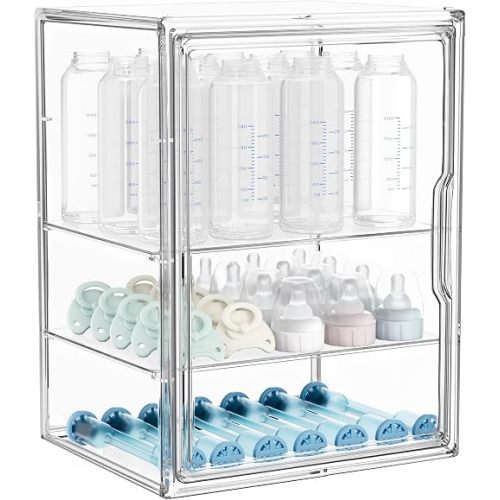 Baby Bottle Storage Organizer for Countertop Cabinet, 3 Tiers Adjustable Clear Acrylic Bottles Storage Station Case Box Container with 2 Removable Dividers and Magnetic Door, Large