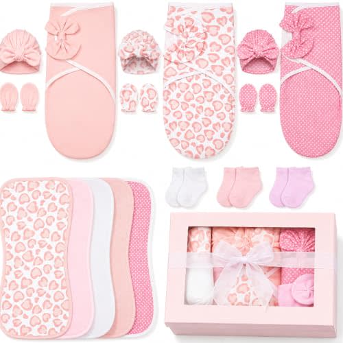 Ramede 18 Pack Preemie Essentials Swaddle Set for Baby Girl 4-7 Lbs | 100% Cotton, Pink Preemies Baby Cloth Include Swaddle Blankets Sleeper, Burp Cloths, Hats, Mittens and Socks, Gift Set