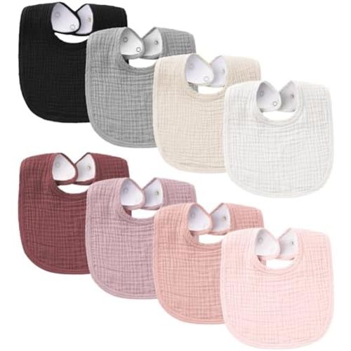 Konssy 8-Pack Muslin Baby Bibs, Adjustable Fit for Drooling and Teething