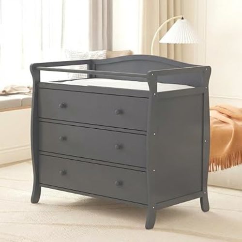 Wooden Diaper Changing Table with 3 Drawers, Baby Changing Station with Safety Rail, Modern Infant Nursing Table Cabinet with Storage, Natural Grey Wood Change Top for Nursery, Bedroom