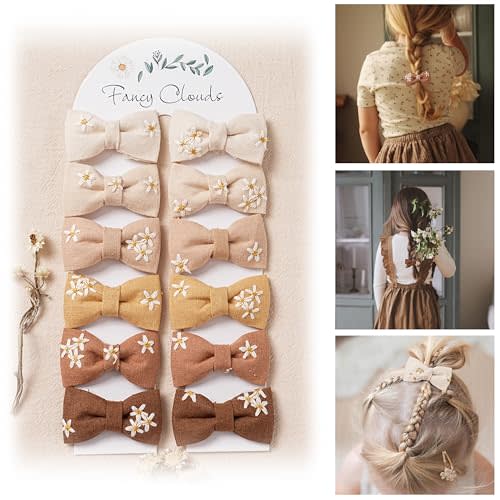 Baby Toddler Girls Hair Ties with Daisy Linen Bows,12 pcs No Damage Elastic Nylon Hair Bands Ponytail Holders,Small Hair Accessories Gifts for Girls Kids Children Thick Thin Hair