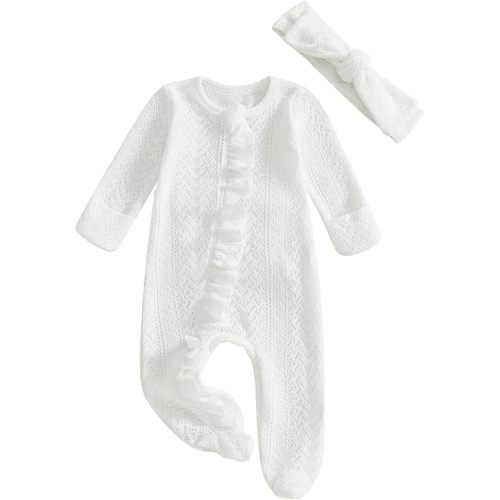 Infant Baby Girl Fall Outfit Romper Footies Solid Color Frills Ruffle Trim Jumpsuit Bodysuit Newborn Winter Clothes