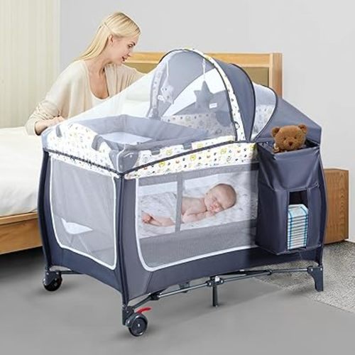 4 in 1 Pack and Play,Portable Nursery Center Baby Playard with Bassinet &Changing Table,Foldable Baby Crib Travel Playpen with Wheels,Removable Canopy with Toys,Storage Bag (Grey)