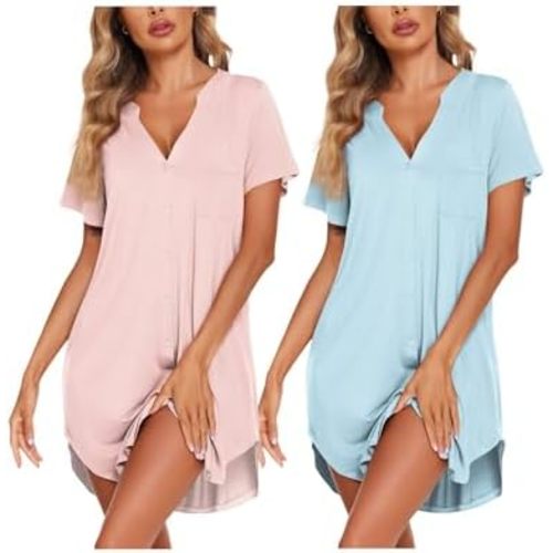 Ekouaer 2 Pack Nightgowns for Women Button Down Sleep Shirts V Neck Night Shirts Night Gowns