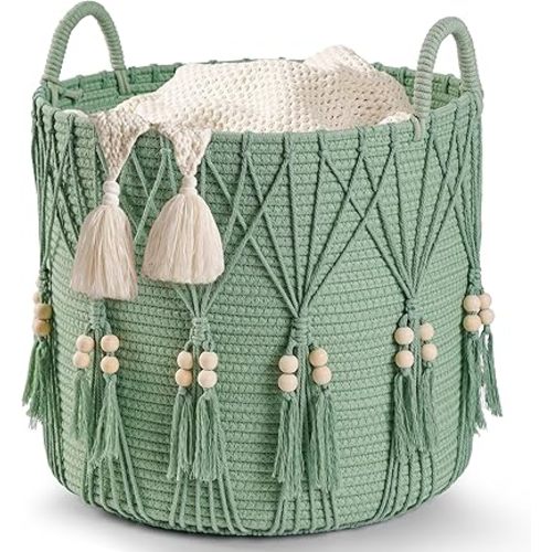 Blanket Basket for Living Room Decor Storage Basket for Toy Organizer Boho Decor Baskets for Modern Farmhouse Decor Small Laundry Basket for Bedroom and Laundry Room Organization,dark Green