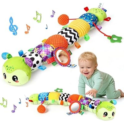 Baby Sensory Toys for 0-6 6-12 Months, Musical Stuffed Caterpillar Animal Toys for Infant 3 6 9 12 18 Months, Tummy Time Toys with Mirror Rattle Crinkle for Newborn Boys Girls Shower Gifts