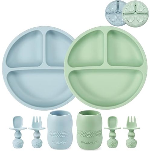 PandaEar Silicone Baby Feeding Set| 2 Pack Silicone Divided Suction Plate and 2 Pack Tiny Cup with 2 Spoons 2 Forks| Baby Led Weaning Supplies Self Feeding Eating Utensils (Blue/Green)