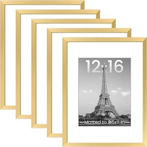 upsimples 12x16 Picture Frame Set of 5, Display Pictures 8.5x11 with Mat or 12 x 16 Without, Wall Gallery Poster Frames, Gold