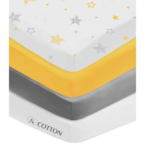 American Baby Company 4 Pack Fitted Mini Crib Sheet 24" x 38", Soft Breathable Neutral 100% Cotton Jersey Portable Sheet, Yellow/Yellow Stars/Gray/White, for Boys and Girls, Fits Most Pack N Play