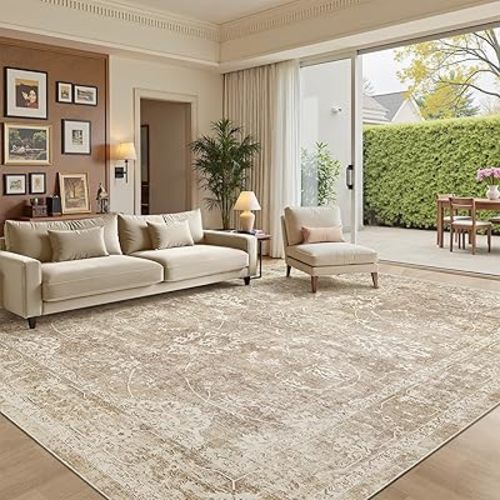 Madane 8x10 Area Rugs for Living Room, Machine Washable Vintage Rug with Anti-Slip Backing, Soft Floral Print Large Rugs, Foldable Thin Area Rug for Bedroom Dining Room (8 x 10, Beige/Brown)