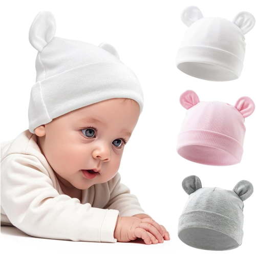 3 Pcs Cotton Newborn Hats for Unisex, Bear Ears Baby Girl Boy Beanie Hat for Newborn, Infant, Toddler Cap
