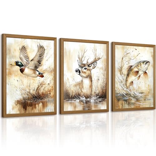 Hunting Nursery Wall Art Decor Wildlife Boys Room Pictures Fishing Poster | Vintage Duck Deer Canvas Painting Rustic Aniaml Prints Mallard Duck Artwork for Outdoor Bedroom 12x16 Inch Framed Set of 3
