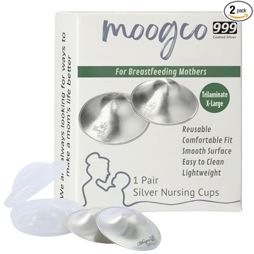 MOOGCO Silver Nursing Cups - 999k Silver Nipple Shields for Breastfeeding - Most Durable, Chemical-Free Protection for Larger Cup Sizes (X-Large, Set of 2)