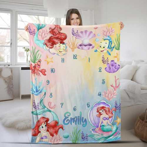 Custom Little-Mermaid Milestone Blanket, Personalized Disneyland Baby Blanket, Sebastian crab, Birthday Princess, Baby Shower Present
