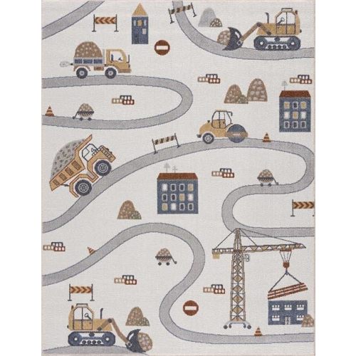 Ramsay Kids Room, Nursery, Playroom Machine Washable Area Rug - Road, Construction Vehicles - Cream, Light Gray - 6'7" x 9'