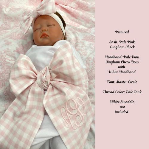 Monogrammed Newborn Pale Pink Gingham Check Bow Sash, Maternity Photo Prop, Monogrammed Newborn Wrap, Baby Photo Prop, Big Bow