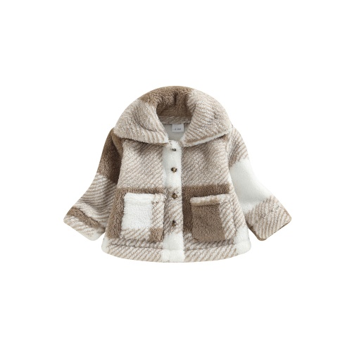 Blotona Toddle Baby Girls Winter Coat Jacket Long Sleeve Turn-down Collar Button Closure Plaid Outwear with Pockets for Casual Daily