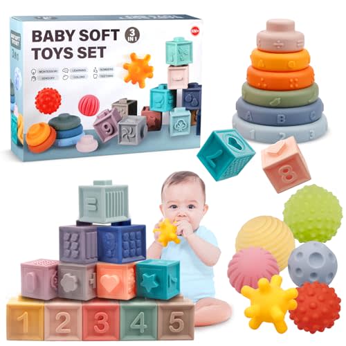 Montessori Toys for Babies 6-12 Months, Soft Baby Blocks Toys Set, 3 in 1 Infant Stacking Building Blocks, Teething Toys Sensory Balls Educational Learning Toys for Toddlers 3-6-9-11 Months Boys Girls