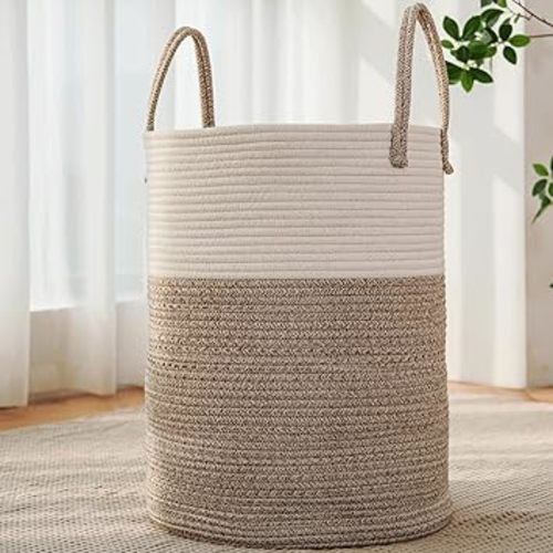 Large Woven Laundry Basket Hamper,60L Cotton Rope Storage Bin for Blankets,Toys and Clothes,Decorative Tall Nursery Hamper for Living Room,Baby Nursery,Bathroom and Bedroom,Brown