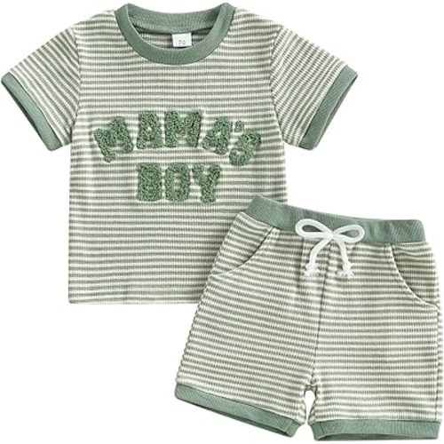 Baby Boy Summer Clothes Mamas Boy Embroidered Waffle Knit Short Sleeve T-Shirt Shorts Set Toddler Striped Outfit