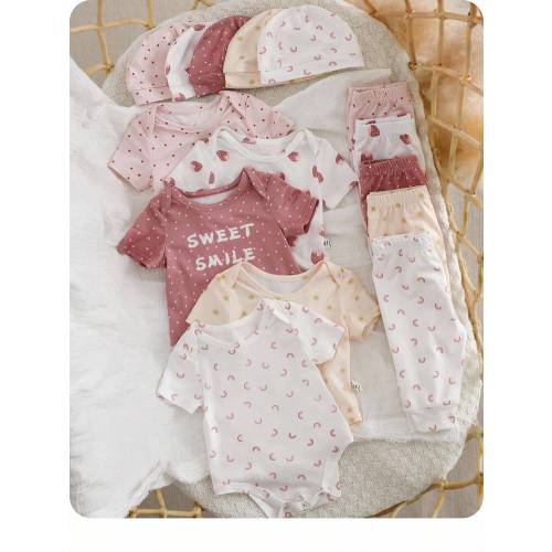 SHEIN Newborn Baby Girl 15pcs/Set Spring/Summer Cute Knitted Polka Dot Rainbow Sun Strawberry Pattern Jumpsuit, Hat, Mittens Set,Suitable For Home And Daily Life Print | SHEIN USA