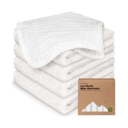 5-Pack Lyra Muslin Baby Washcloths, Large 12x12, Soft Absorbent Cotton Muslin Wash Cloths, Burp Rags, Face Cloth Towel